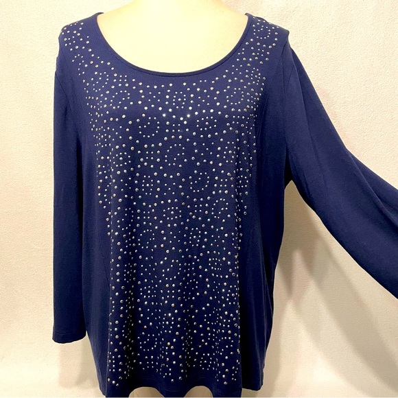 Chico’s Navy Blue Long Sleeve Studded Embellished Top Size 3 (XL/16) - Picture 1 of 10